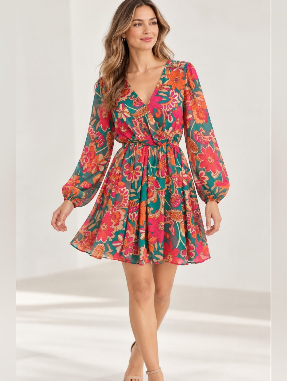 Baltic Born Floral Wrap V‑Neck Mini Dress - Pink & Teal & Orange